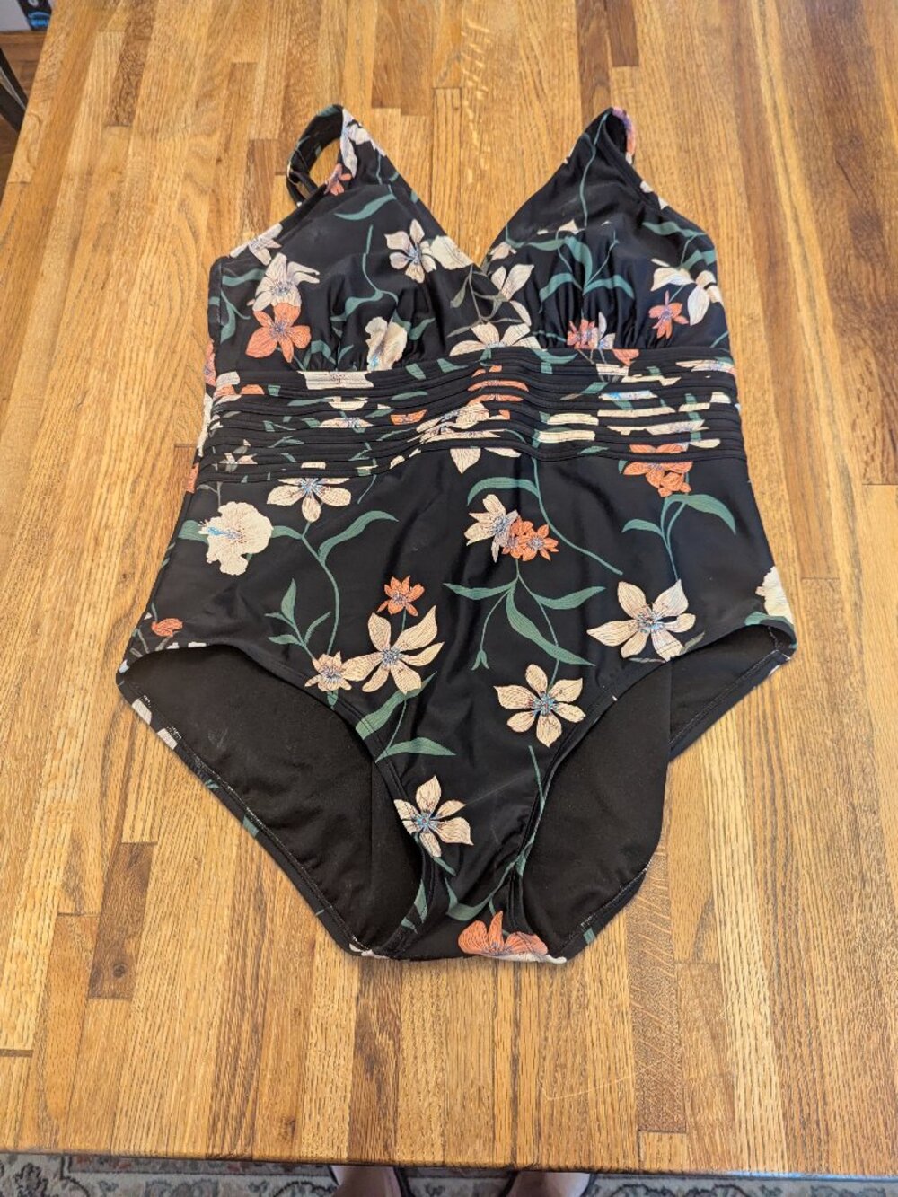 Flattering, Good Support Black Floral One Piece Bathing/Swim Suit